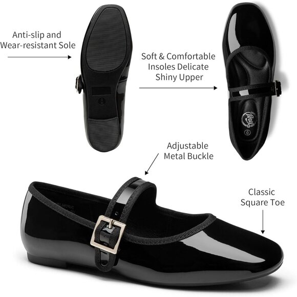 Trary Women's Black Polyurethane Square Toe Buckle Strap Ballet Mary Jane Shoes - Picture 4 of 6